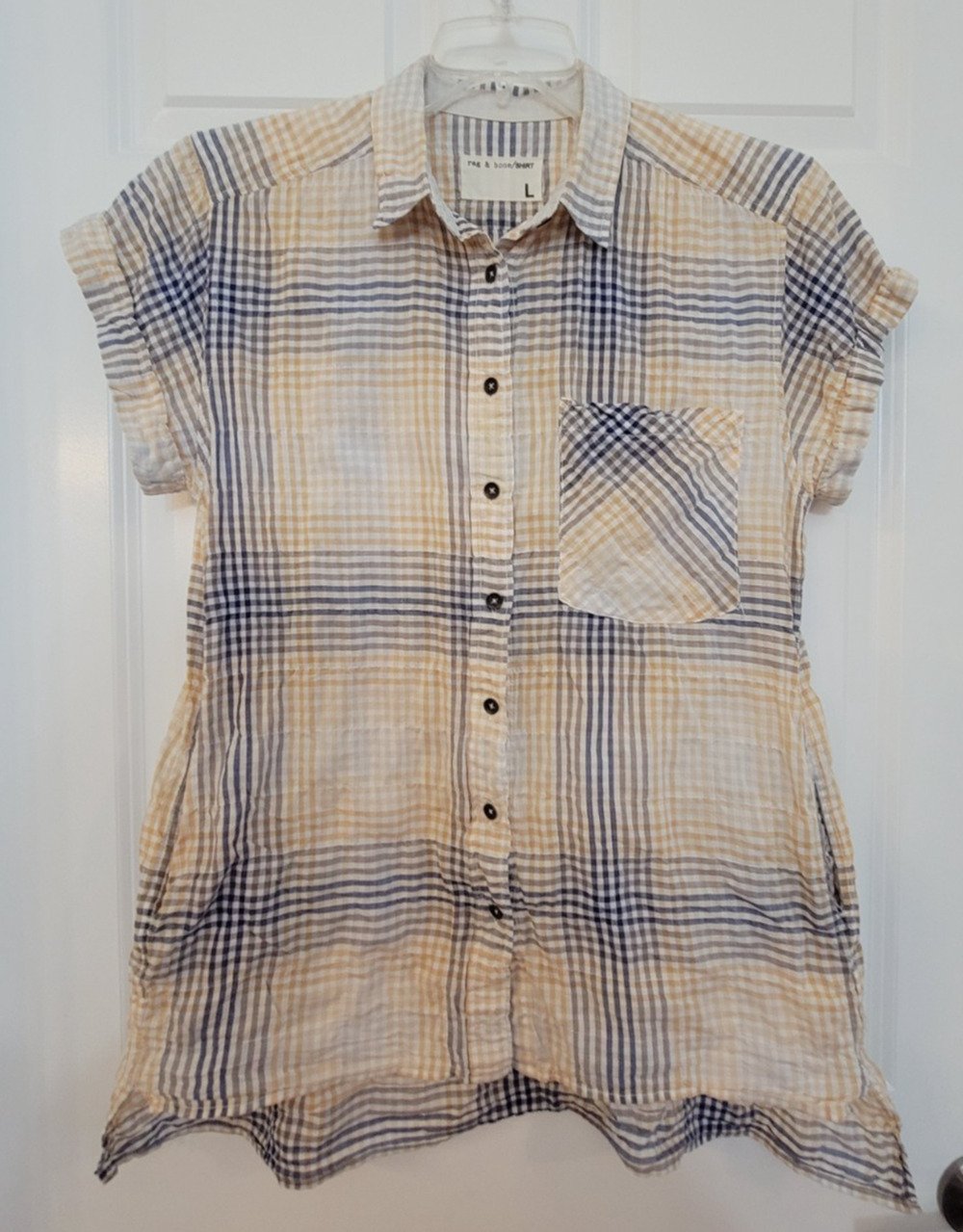 Rag & Bone Womens Shirt Large Blue Tan Plaid Buttons Pockets Cotton Short Sleeve